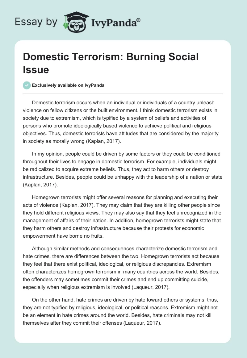 Domestic Terrorism: Burning Social Issue. Page 1