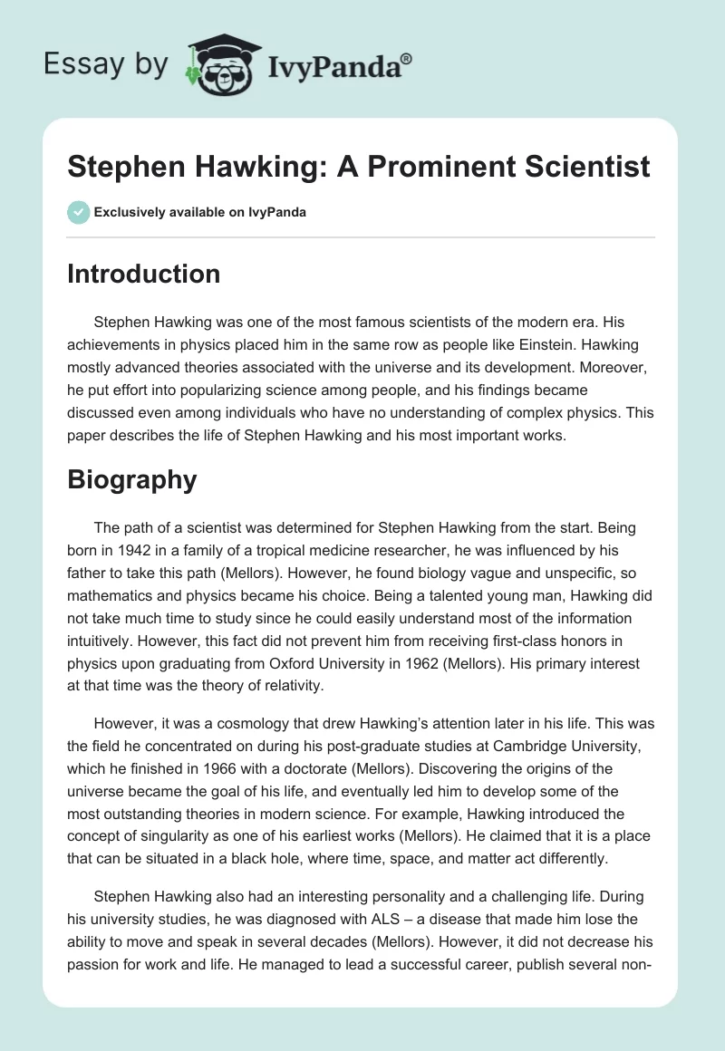 Stephen Hawking: A Prominent Scientist. Page 1