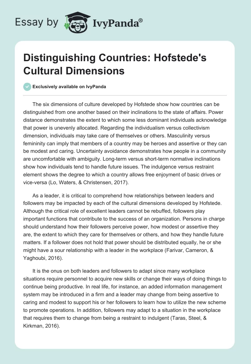 Distinguishing Countries: Hofstede's Cultural Dimensions. Page 1
