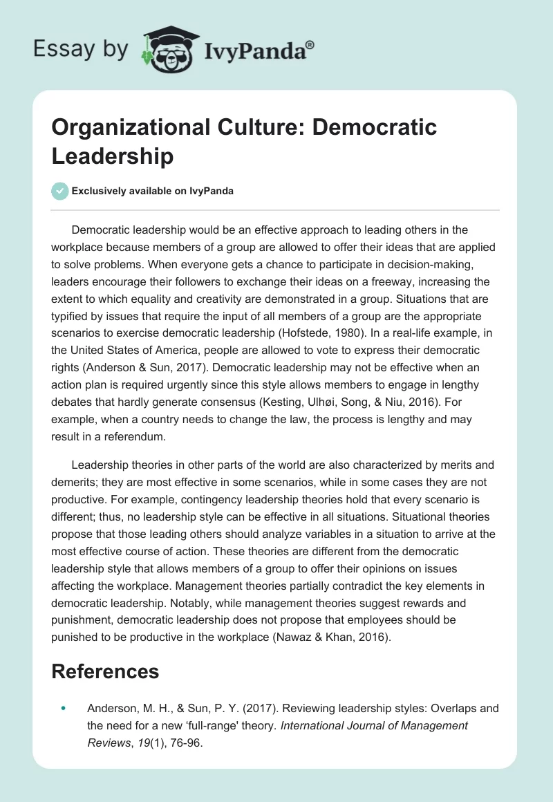 Organizational Culture: Democratic Leadership. Page 1
