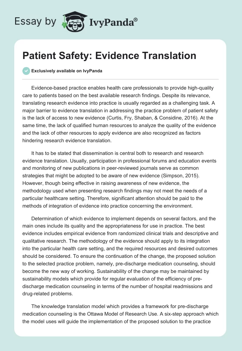 Patient Safety: Evidence Translation. Page 1