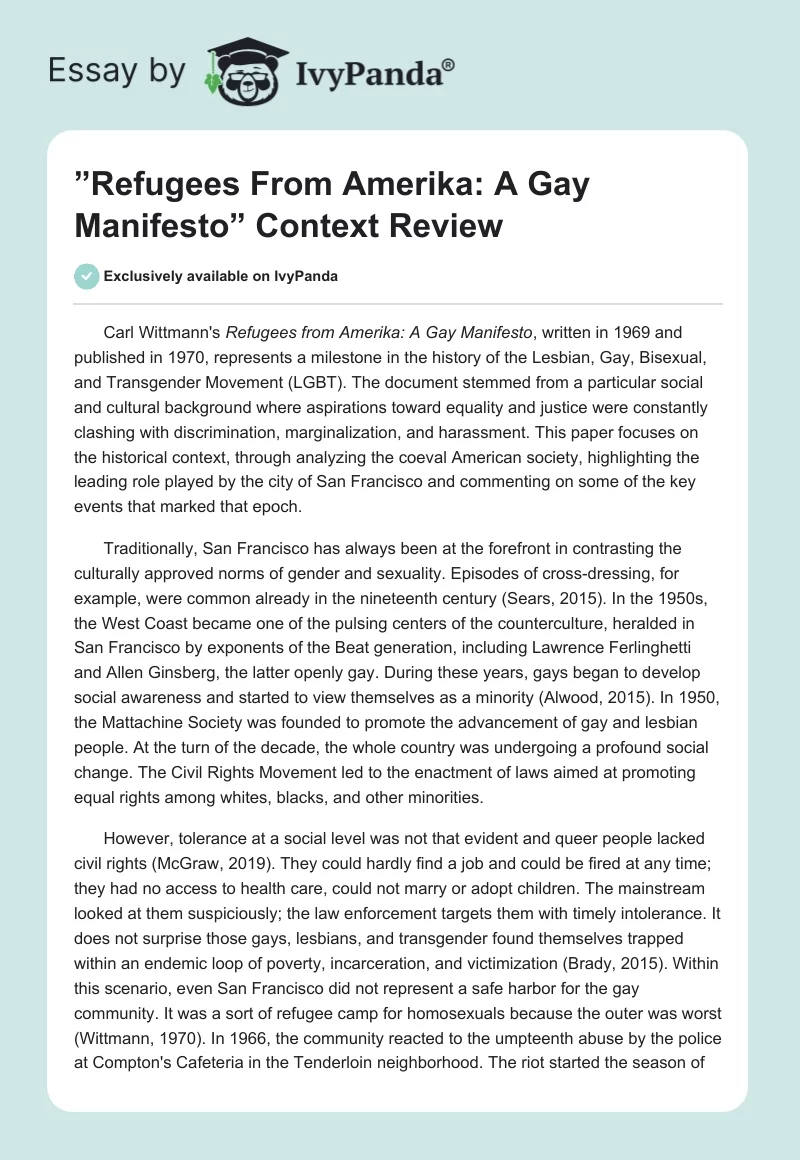 ”Refugees From Amerika: A Gay Manifesto” Context Review. Page 1