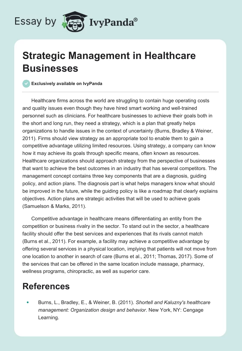 Strategic Management in Healthcare Businesses. Page 1