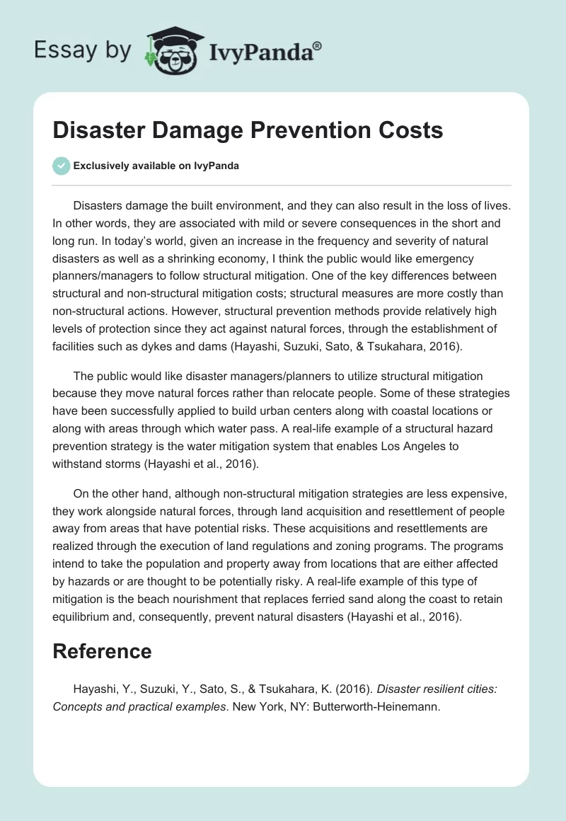 Disaster Damage Prevention Costs. Page 1