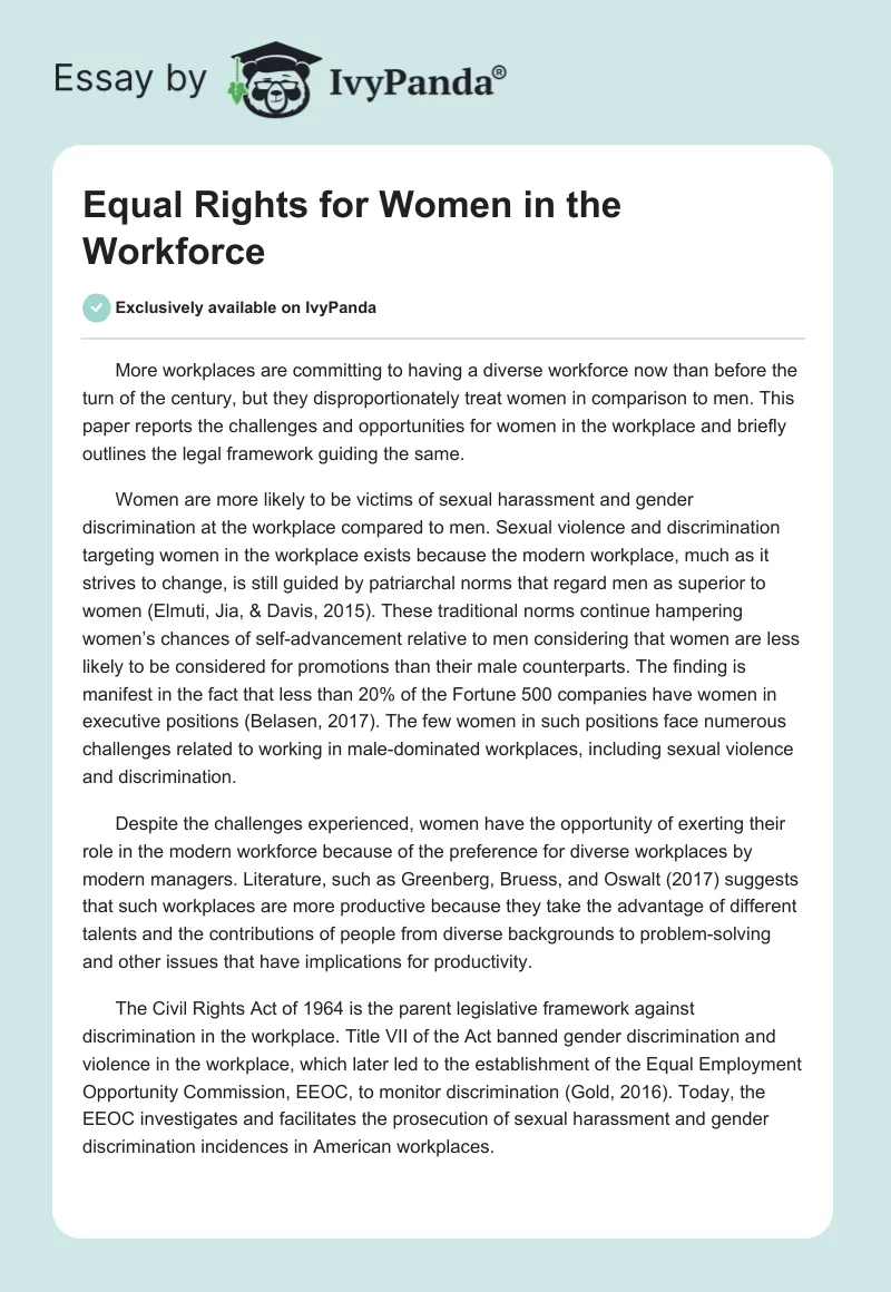 Equal Rights for Women in the Workforce. Page 1