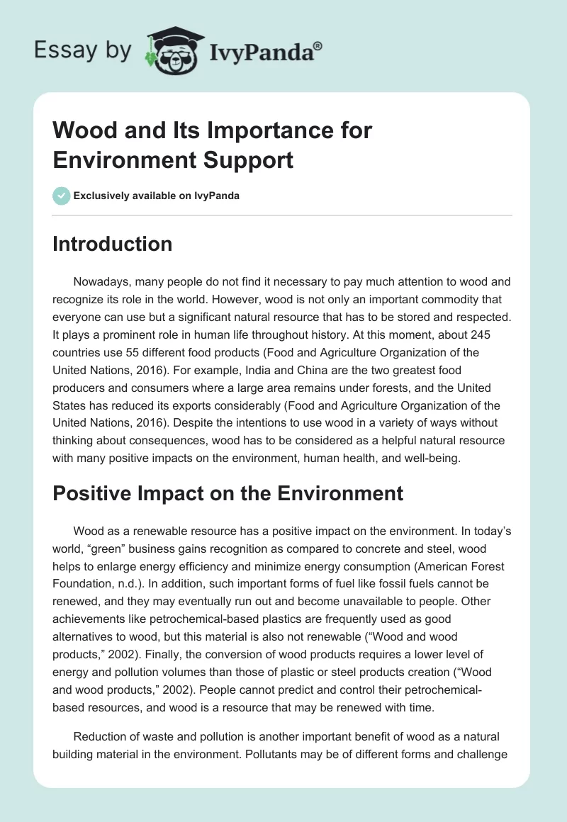 Wood and Its Importance for Environment Support. Page 1