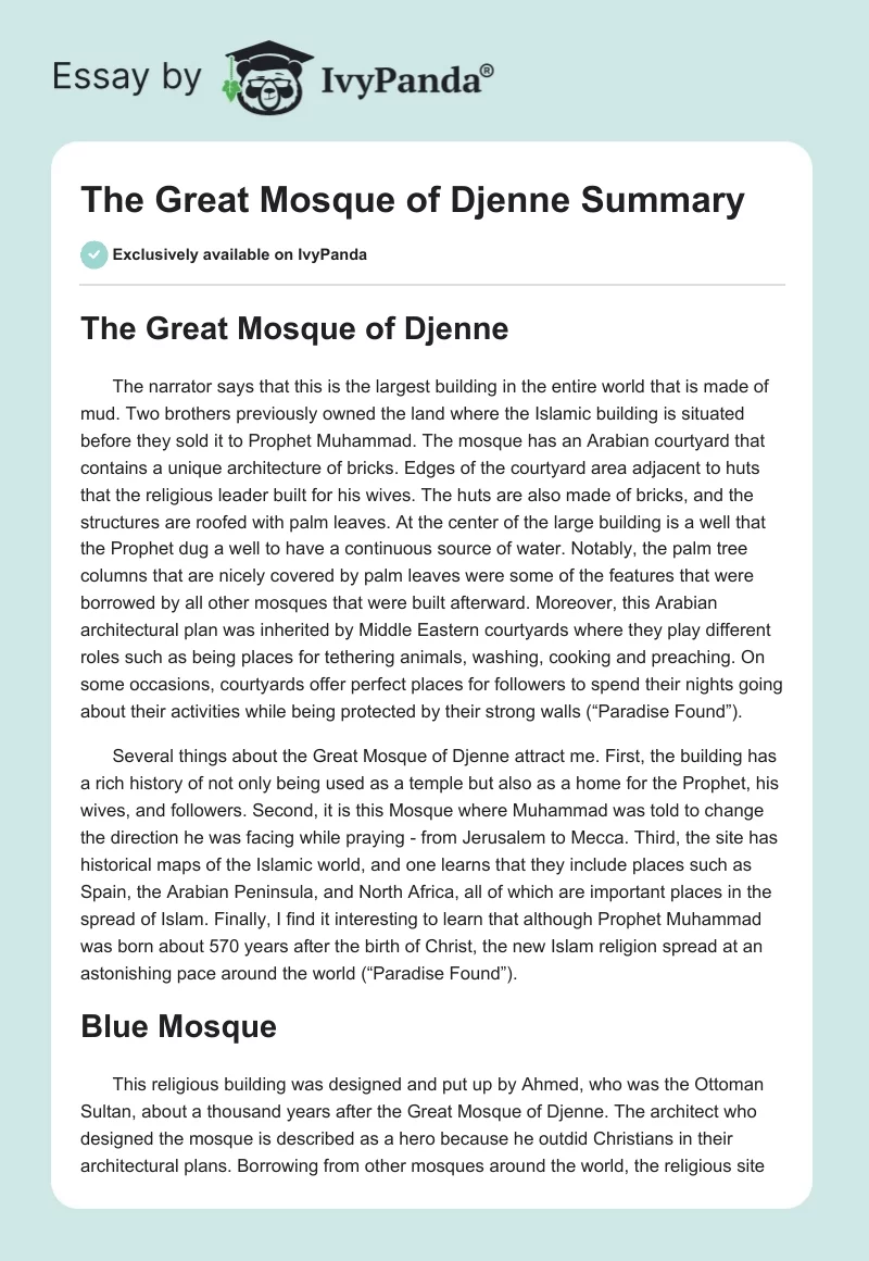 The Great Mosque of Djenne Summary. Page 1