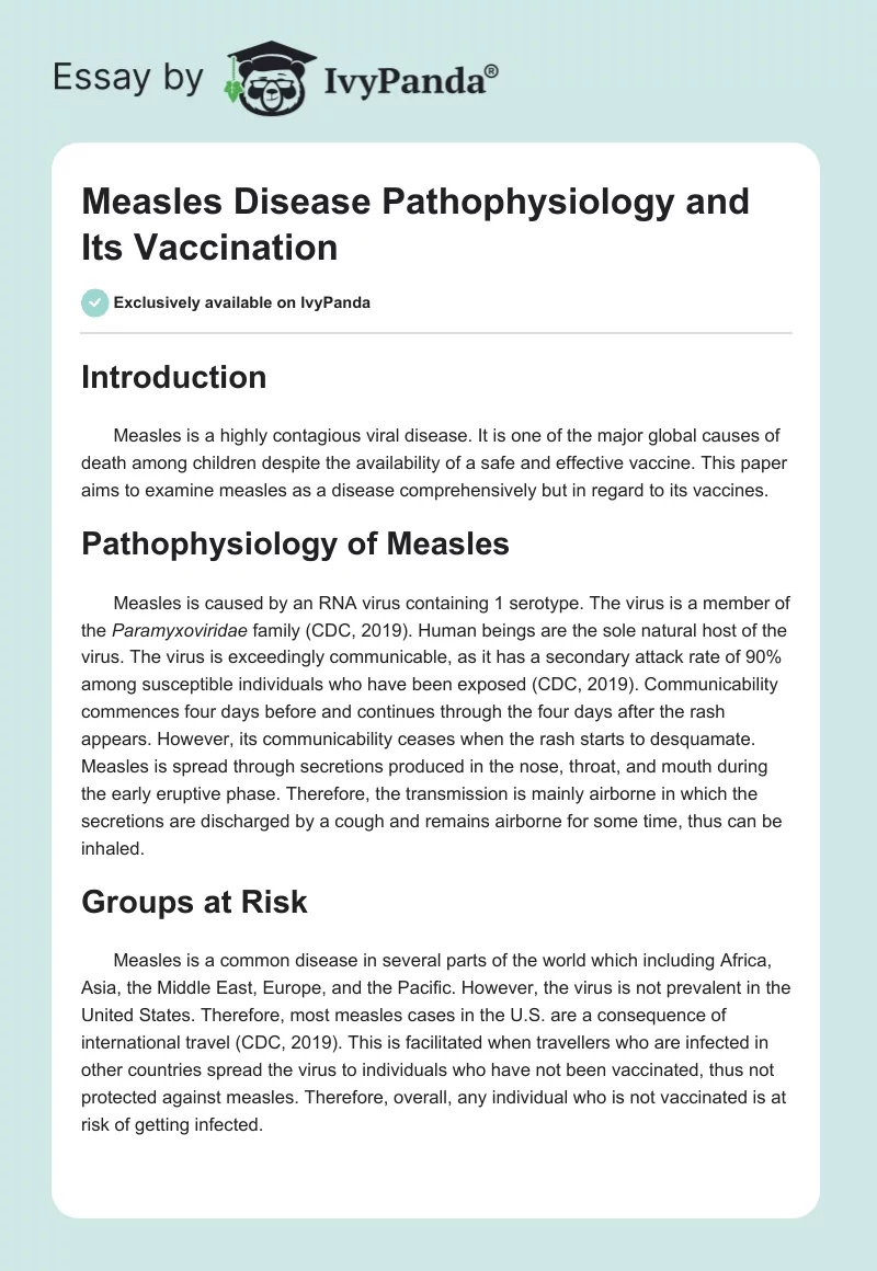Measles Disease Pathophysiology and Its Vaccination. Page 1