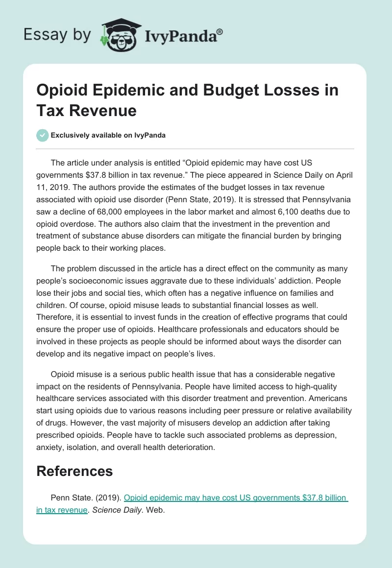 Opioid Epidemic and Budget Losses in Tax Revenue. Page 1