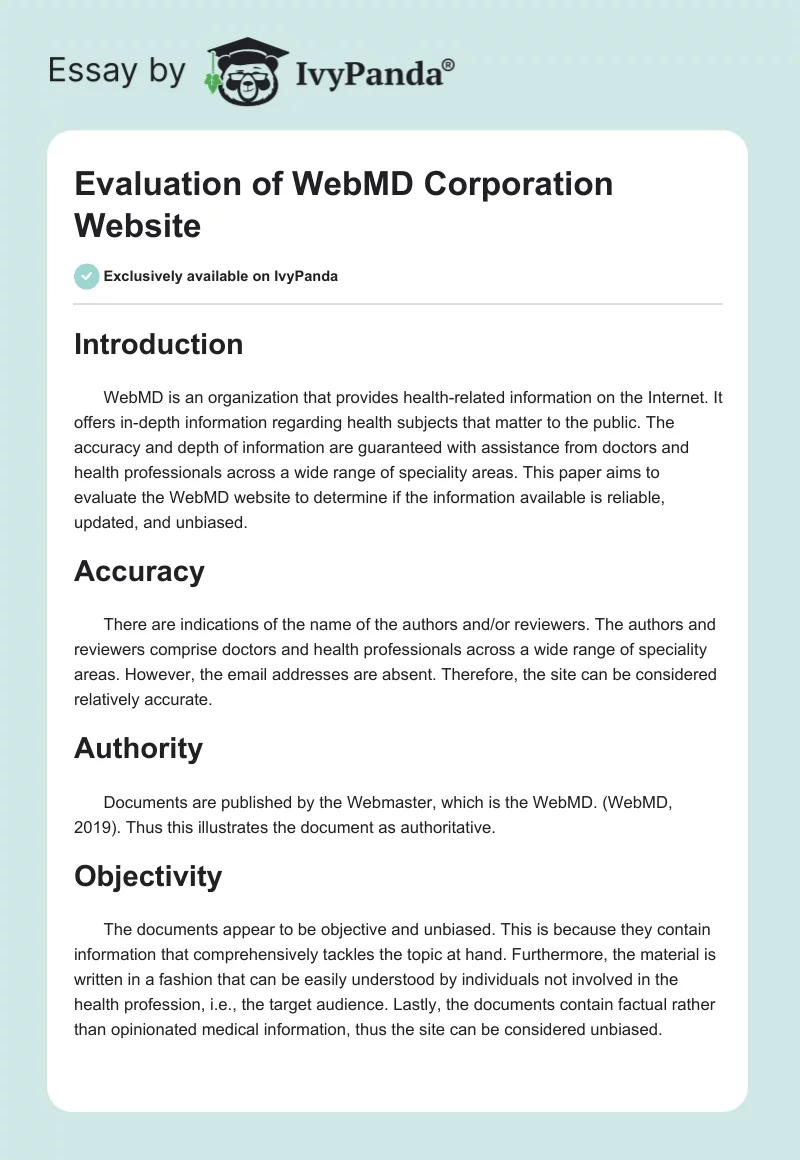 Evaluation of WebMD Corporation Website. Page 1
