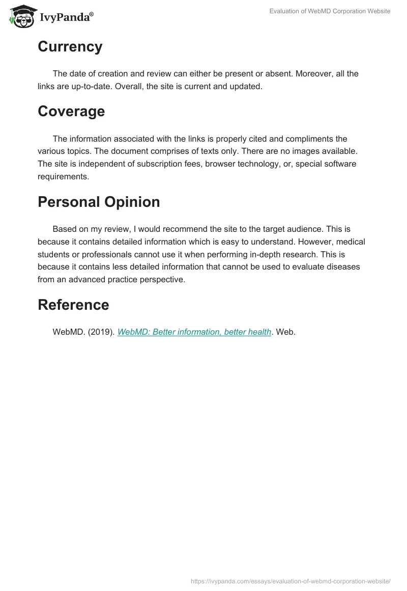 Evaluation of WebMD Corporation Website. Page 2