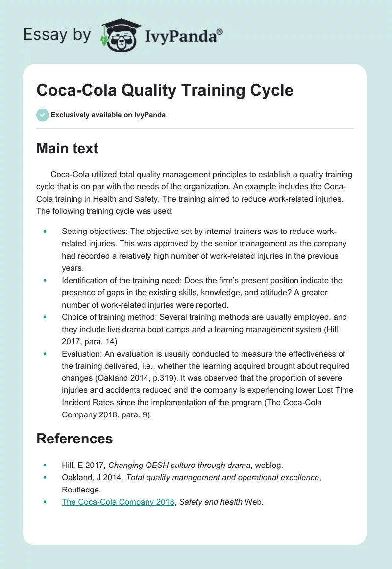 Coca-Cola Quality Training Cycle. Page 1