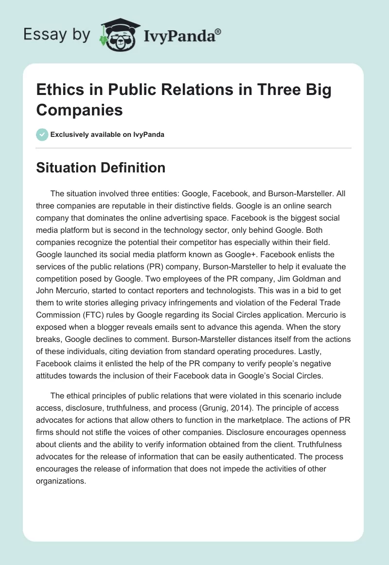 Ethics in Public Relations in Three Big Companies. Page 1