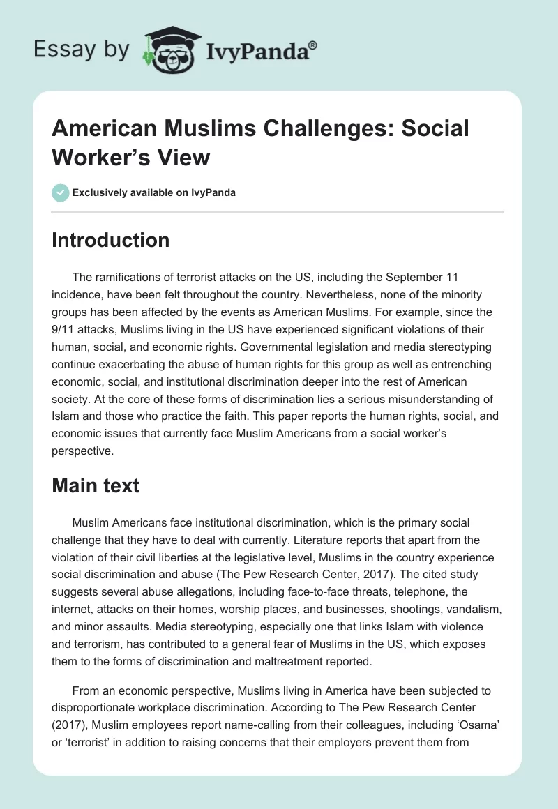 American Muslims Challenges: Social Worker’s View. Page 1