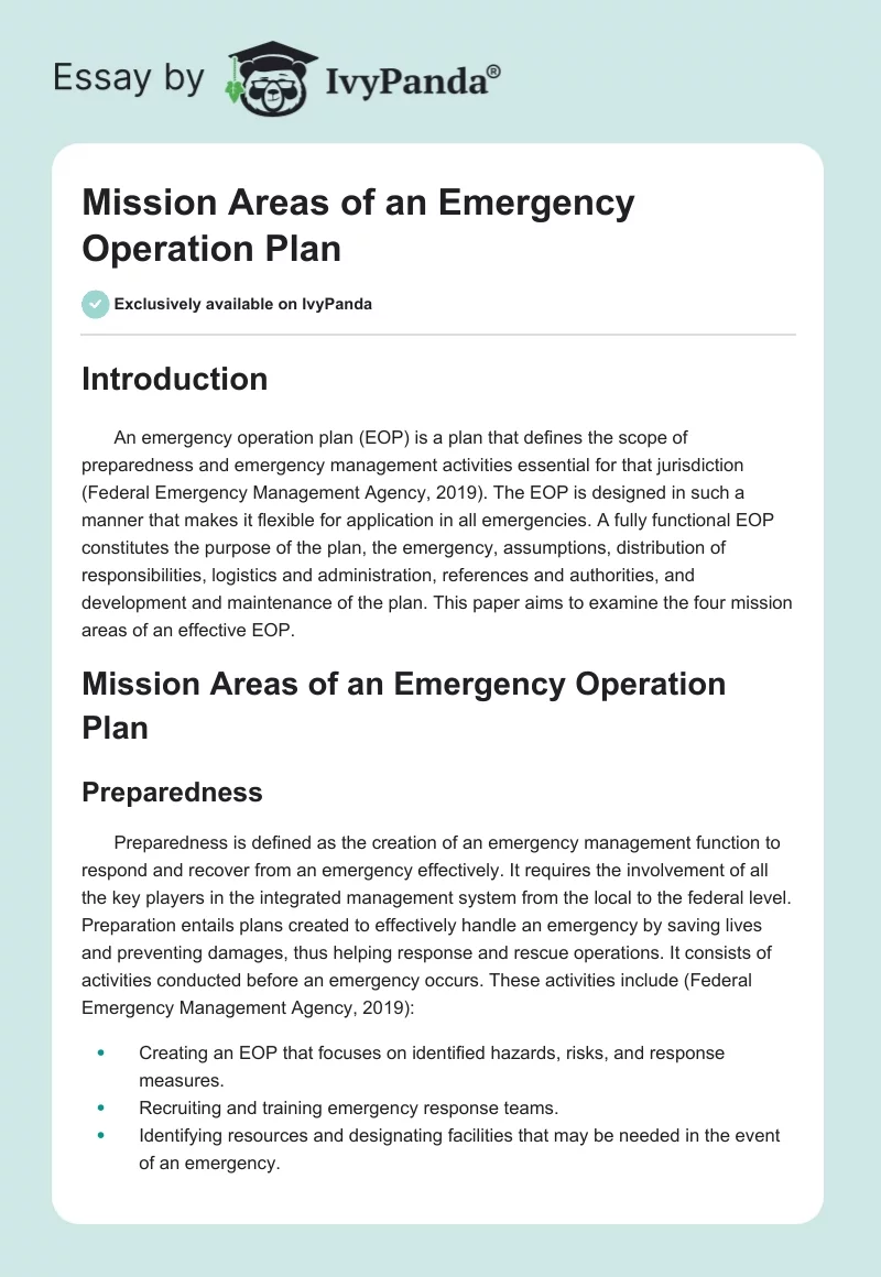 Mission Areas of an Emergency Operation Plan. Page 1