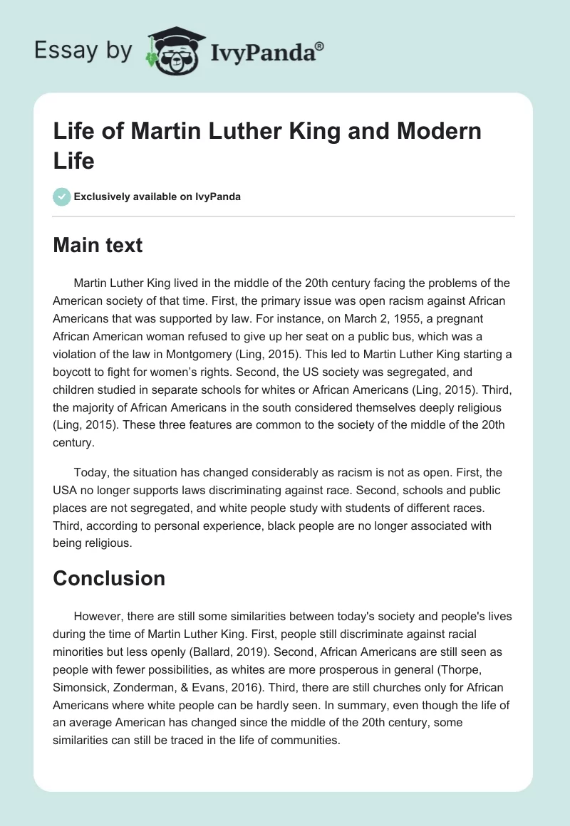 Life of Martin Luther King and Modern Life. Page 1