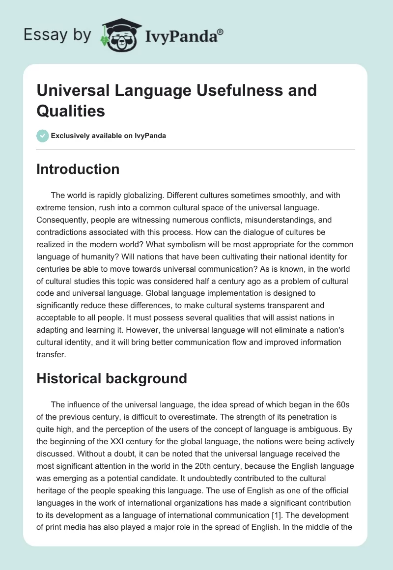 Universal Language Usefulness and Qualities. Page 1