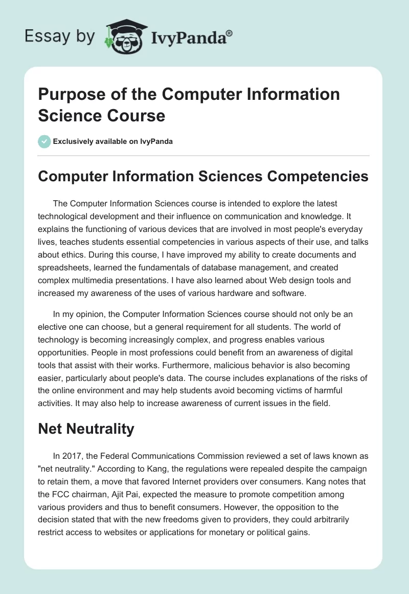 Purpose of the Computer Information Science Course. Page 1