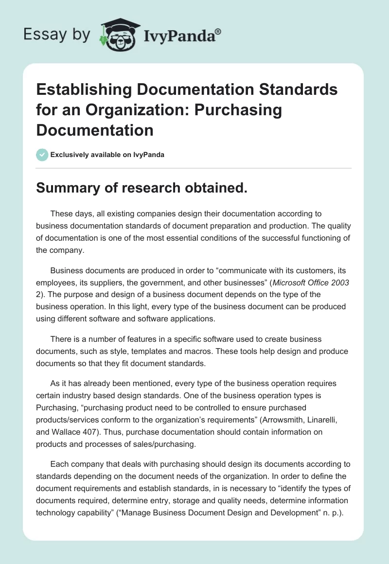 Establishing Documentation Standards for an Organization: Purchasing Documentation. Page 1
