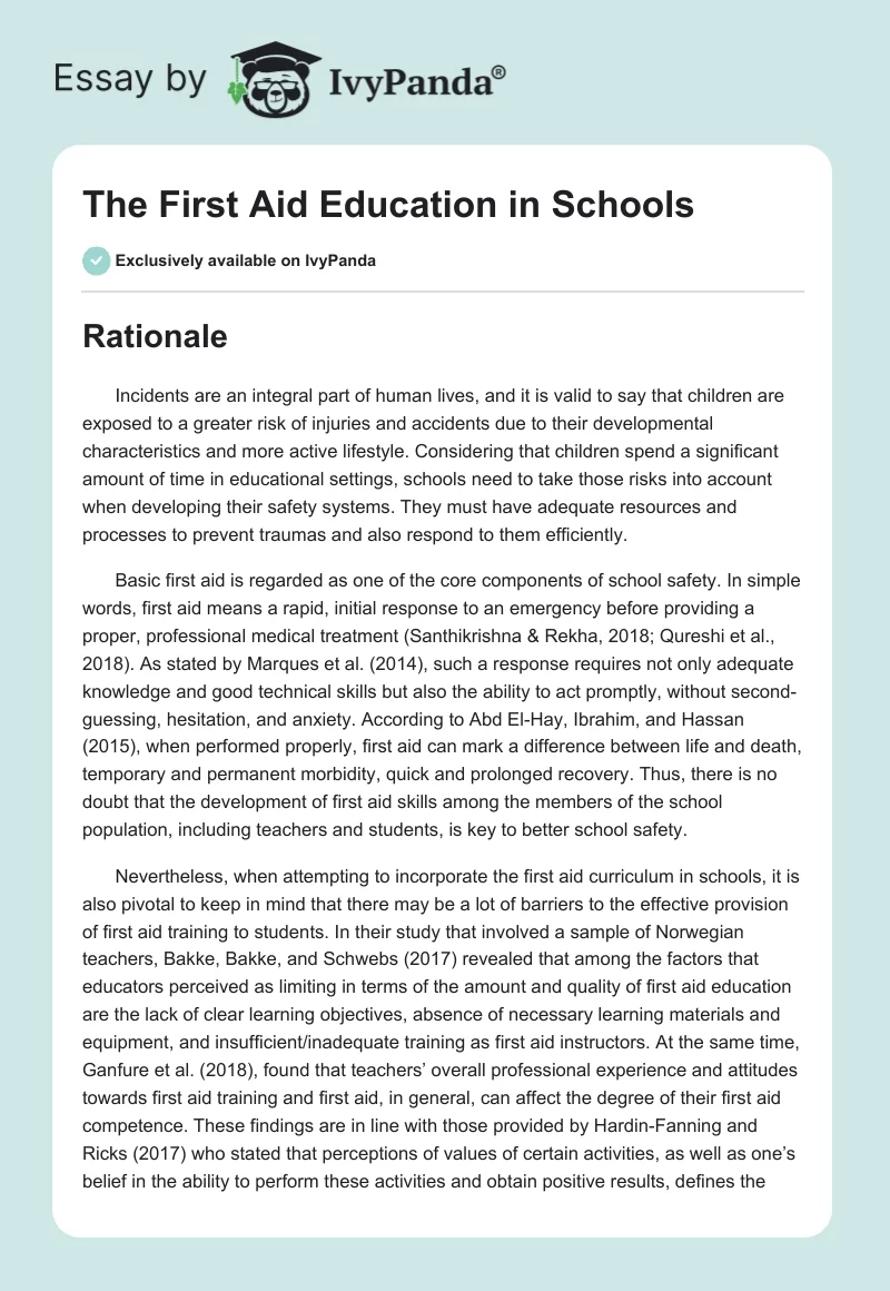 The First Aid Education in Schools. Page 1