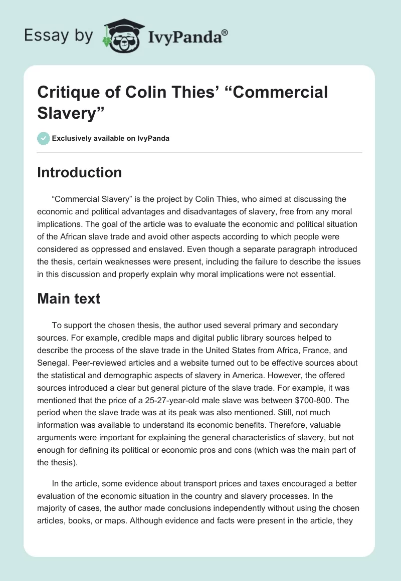 Critique of Colin Thies’ “Commercial Slavery”. Page 1