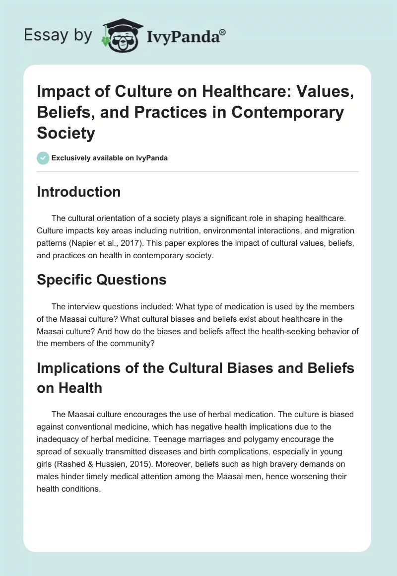 Impact of Culture on Healthcare: Values, Beliefs, and Practices in Contemporary Society. Page 1