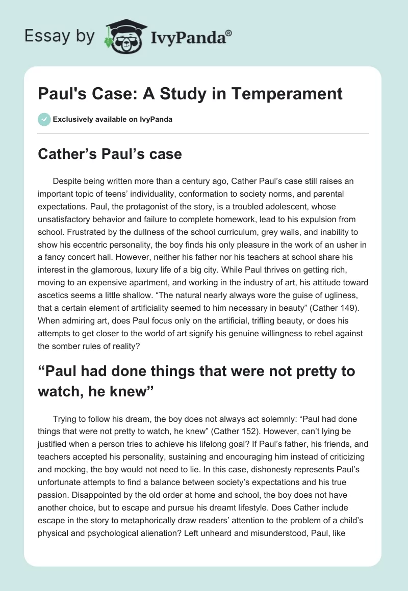 Paul's Case: A Study in Temperament. Page 1
