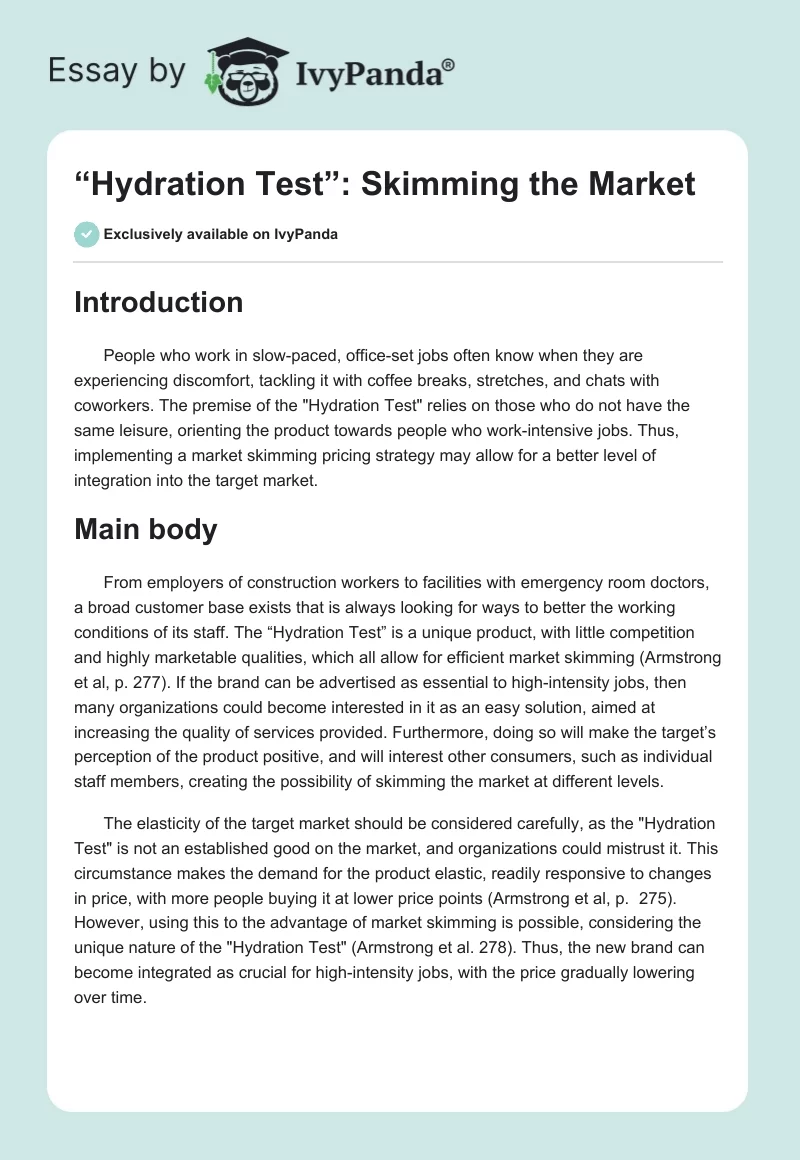 “Hydration Test”: Skimming the Market. Page 1