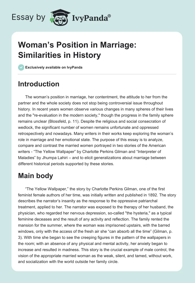 Woman’s Position in Marriage: Similarities in History. Page 1