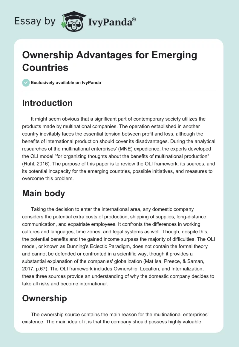 Ownership Advantages for Emerging Countries. Page 1