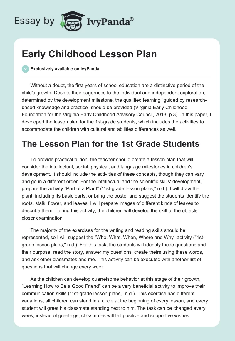 Early Childhood Lesson Plan. Page 1