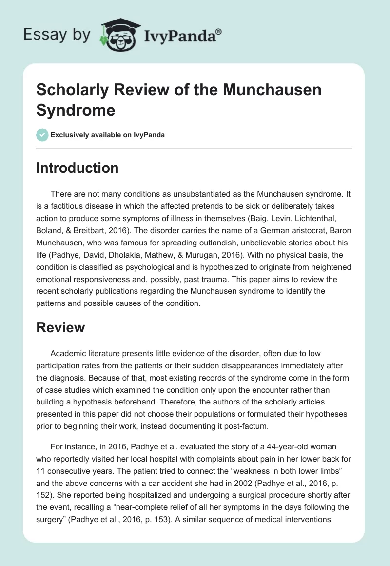 Scholarly Review of the Munchausen Syndrome. Page 1