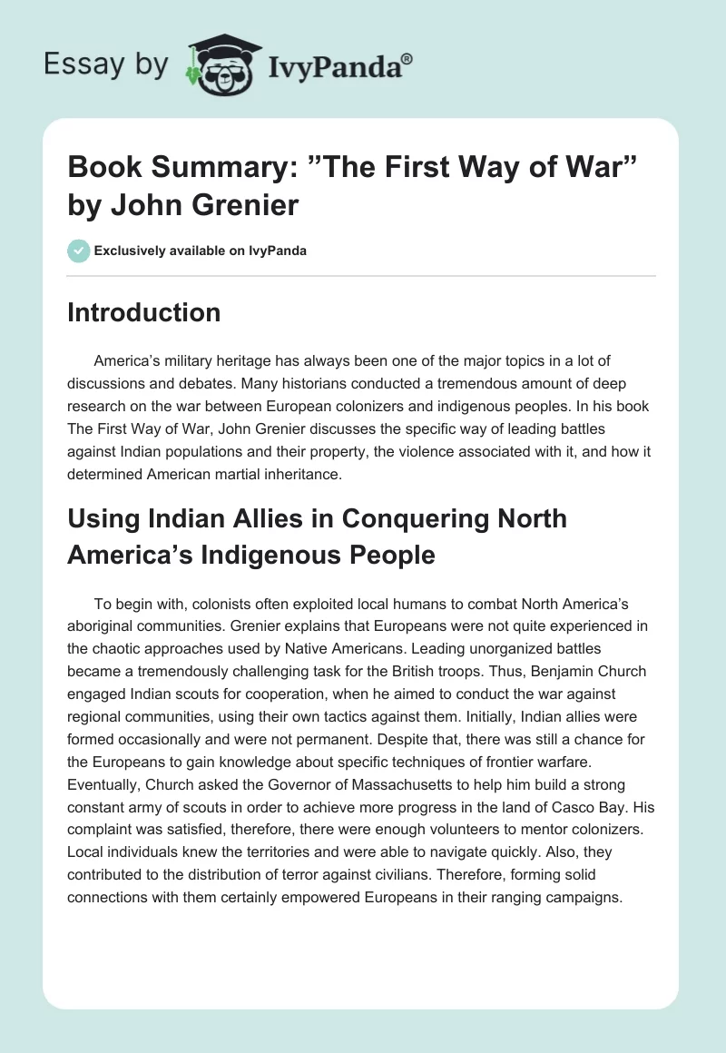 Book Summary: ”The First Way of War” by John Grenier. Page 1