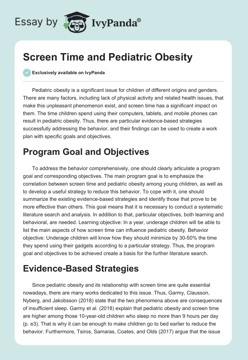 Screen Time and Pediatric Obesity. Page 1