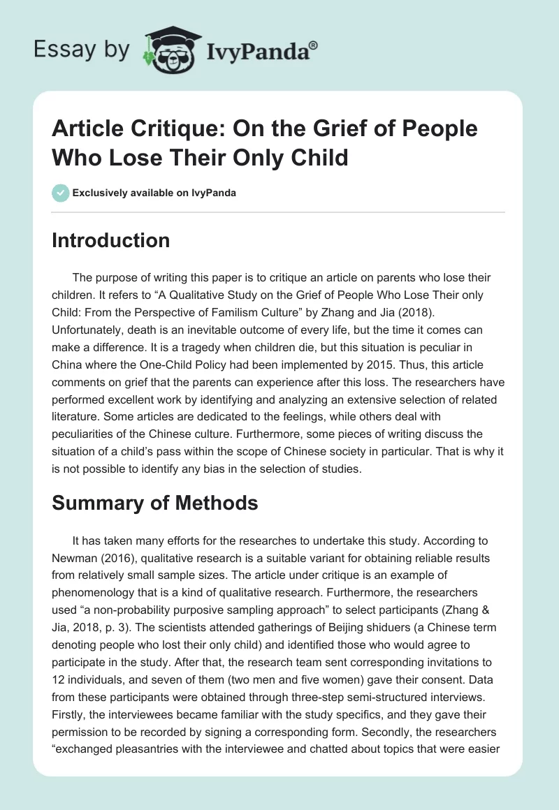 Article Critique: On the Grief of People Who Lose Their Only Child. Page 1