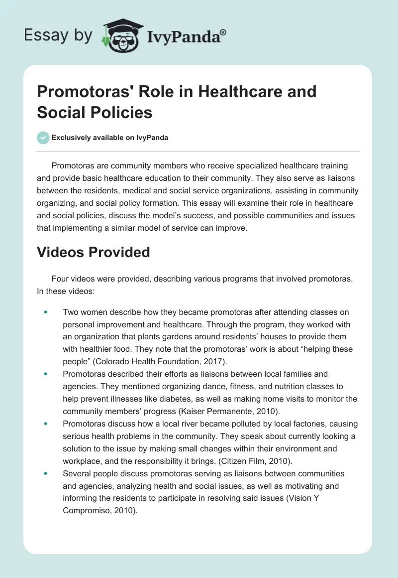 Promotoras' Role in Healthcare and Social Policies. Page 1