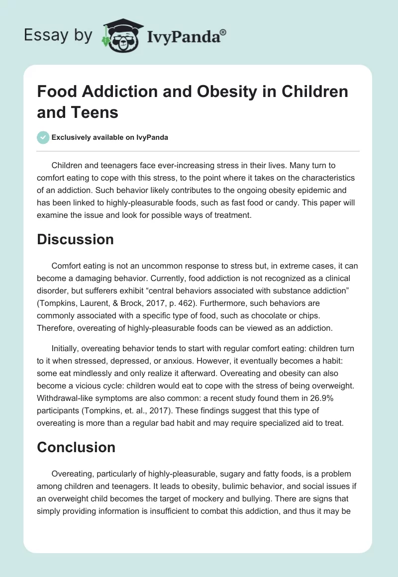 Food Addiction and Obesity in Children and Teens. Page 1