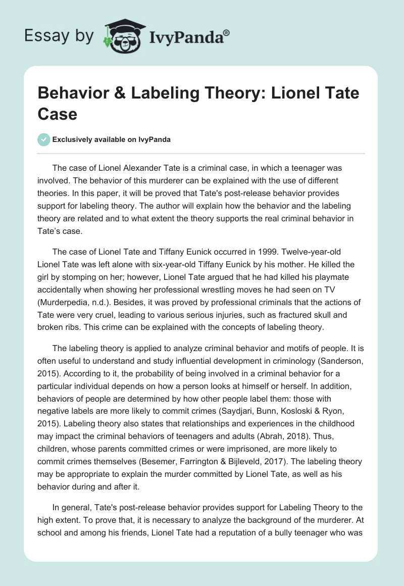 Behavior & Labeling Theory: Lionel Tate Case. Page 1