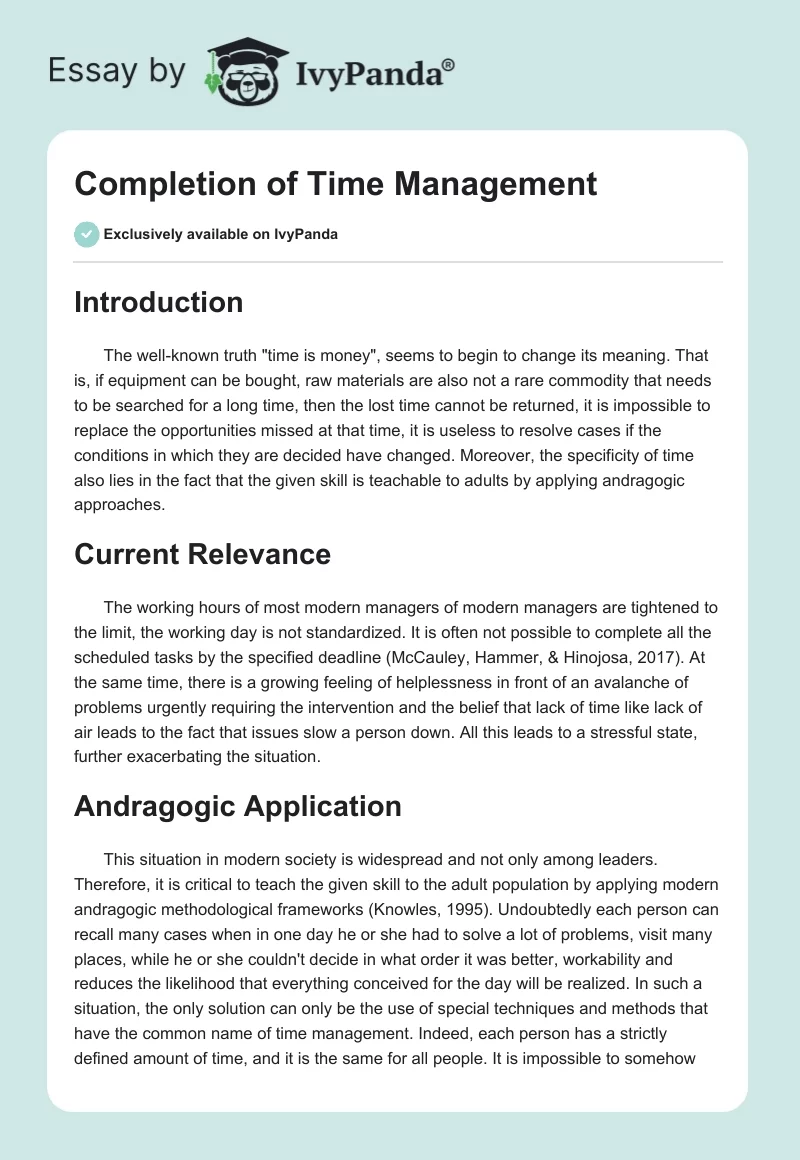 Completion of Time Management. Page 1