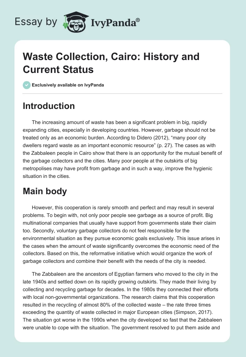 Waste Collection, Cairo: History and Current Status. Page 1