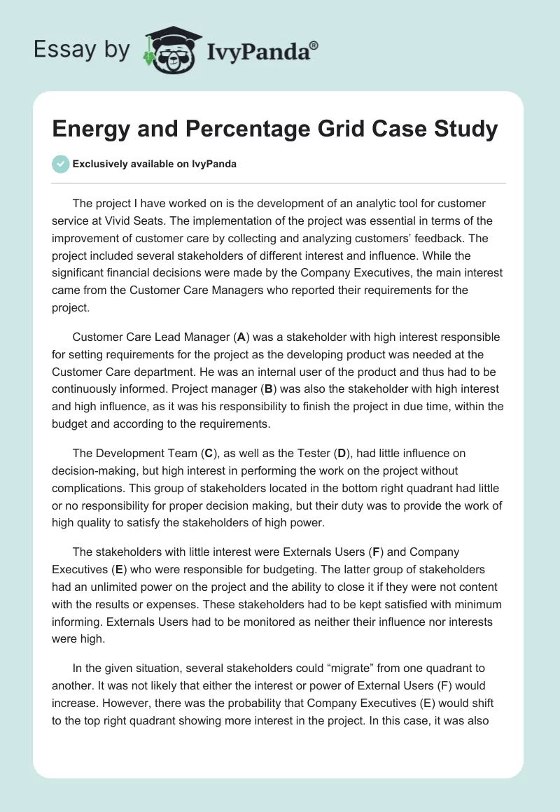 Energy and Percentage Grid Case Study. Page 1