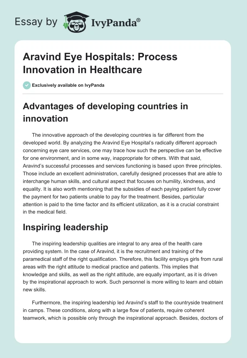 Aravind Eye Hospitals: Process Innovation in Healthcare. Page 1