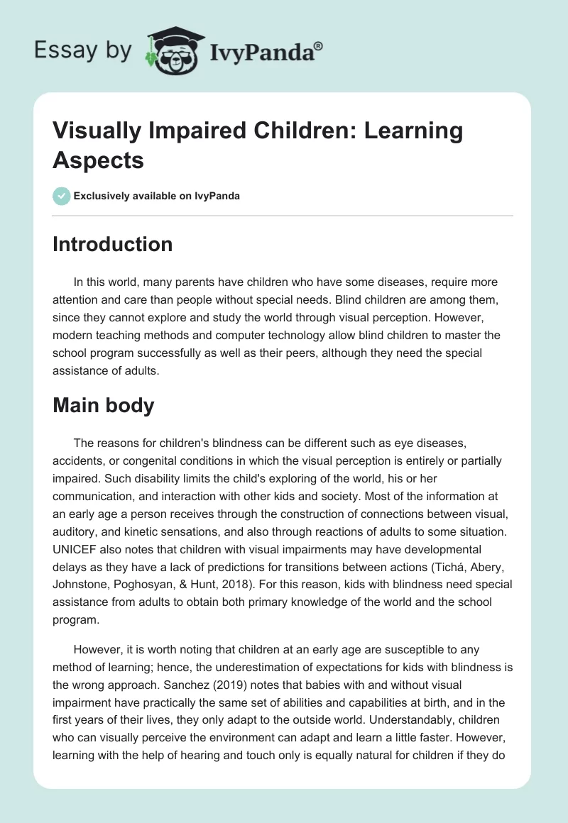 Visually Impaired Children: Learning Aspects. Page 1