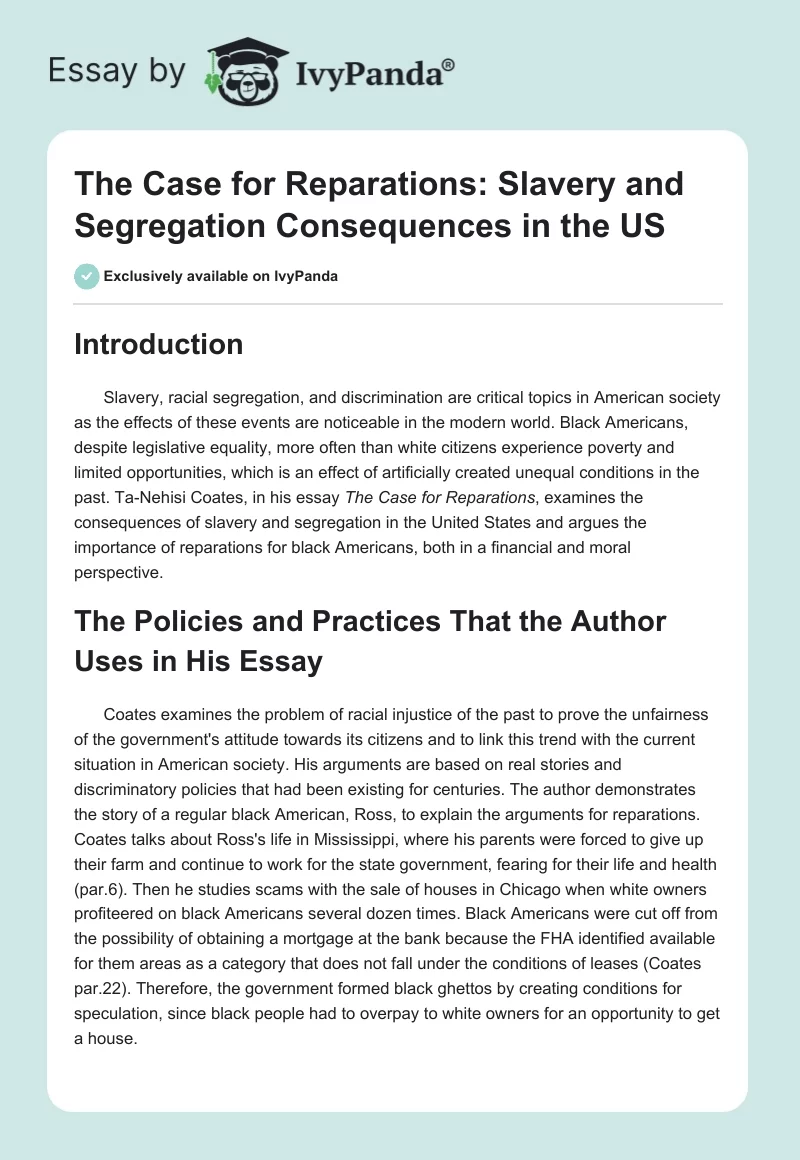 The Case for Reparations: Slavery and Segregation Consequences in the US. Page 1