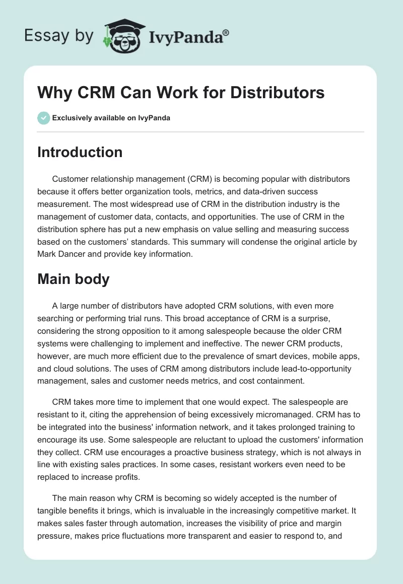 Why CRM Can Work for Distributors. Page 1