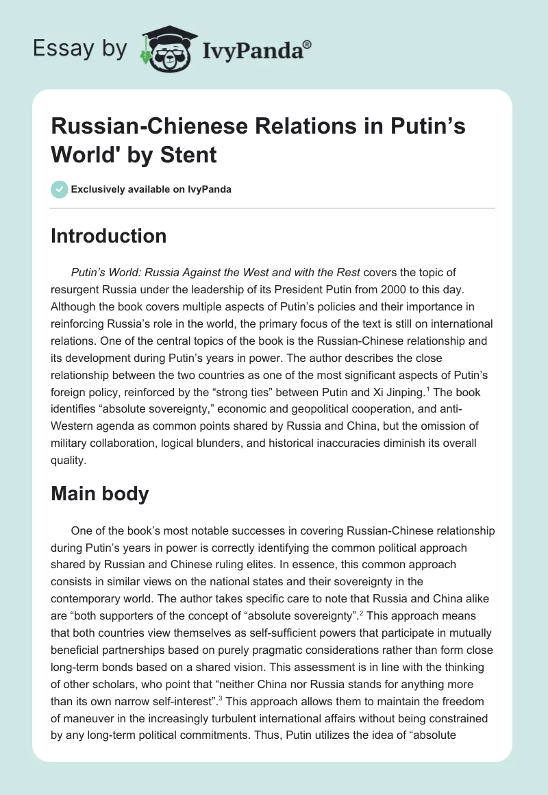Russian-Chienese Relations in Putin’s World' by Stent. Page 1