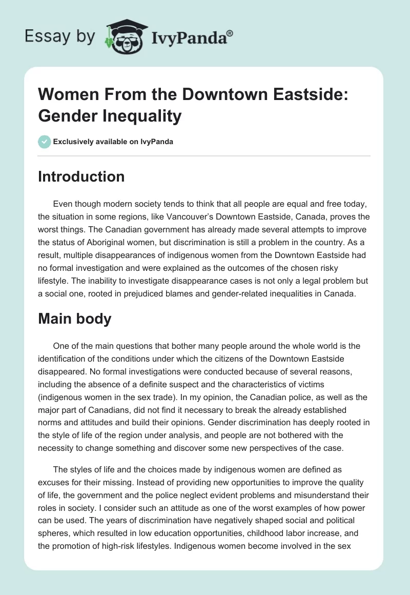 Women From the Downtown Eastside: Gender Inequality. Page 1