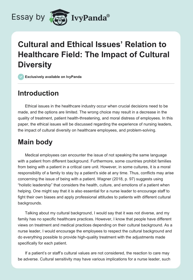 Cultural and Ethical Issues’ Relation to Healthcare Field: The Impact of Cultural Diversity. Page 1