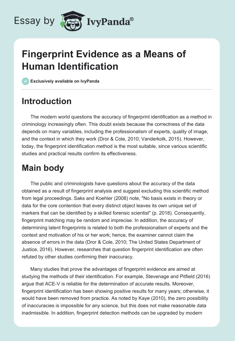 Fingerprint Evidence as a Means of Human Identification. Page 1
