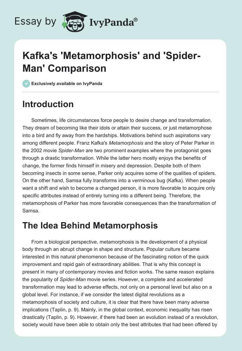 Kafka's 'The Metamorphosis' and 'Spider-Man' Comparison. Page 1
